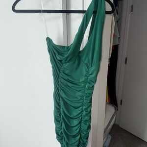 Green One Shoulder Ruched Dress